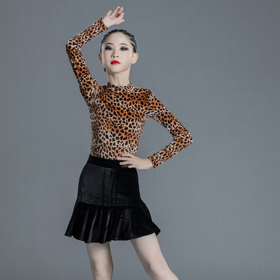 Children leopard velvet Latin dance clothes latin dance dresses for girls Long-sleeved exercise clothing professional girls training  leopard suit