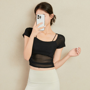 Yoga Clothing Fixed One-Cup Short-Sleeved Mesh Breathable Sweat-Absorbent Summer New Women's Sports Short-Sleeved Fitness Yoga