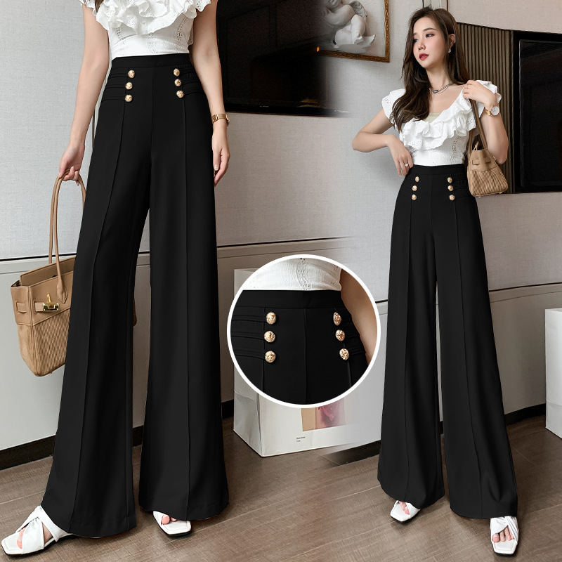 Casual 2022 pantalones de pierna ancha Pantalones rectos de cintura alta de las mujeres pantalones de adelgazamiento sueltos de doble botonadura drapeados pantalones Casuales