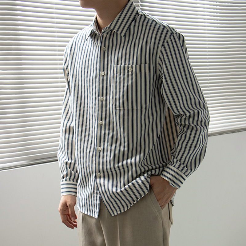 Striped Shirt Men's Pocket Loose Casual Top Cotton Long Sleeve Men's Shirt Spring and Autumn Men's Shirt