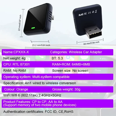 Simsiz CarPlay və Android Auto connectivity box audio-visual navigation