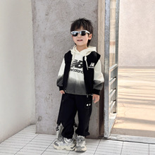 外贸男童学生连帽扎染卫衣套装春秋装2025新款衣服马甲扎脚裤