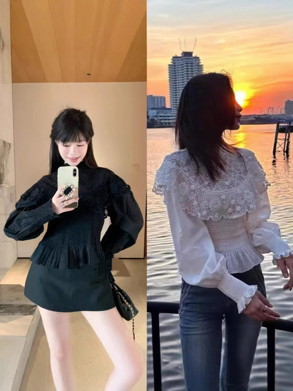 French Long-Sleeved 2025 Spring and Summer New Pure Cotton Lace Flower Embroider Slim Shawl Style Lantern Sleeve Shirt