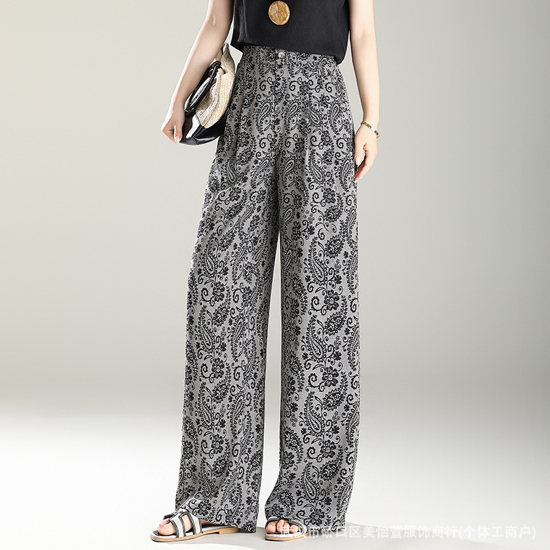 시폰 인쇄 캐주얼 바지 2025 여름 뾰족한 허리 좁은 판 슬림 모양 넓은 다리 바지 선량 슬림 스트레이트 바지