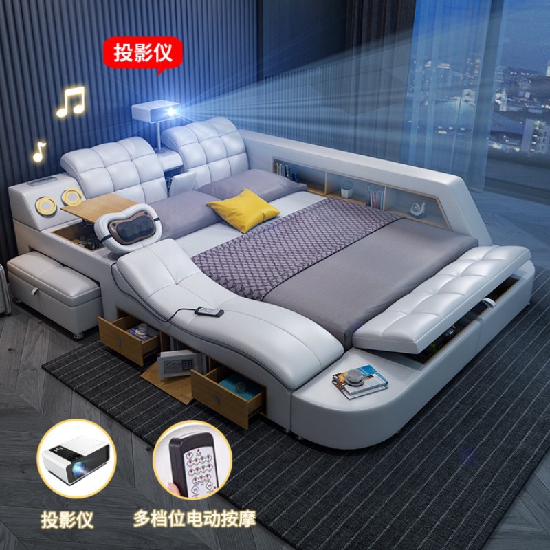 Smart massage storage modern minimalist tatami master bedroom leather bed multifunctional wedding bed projector double bed