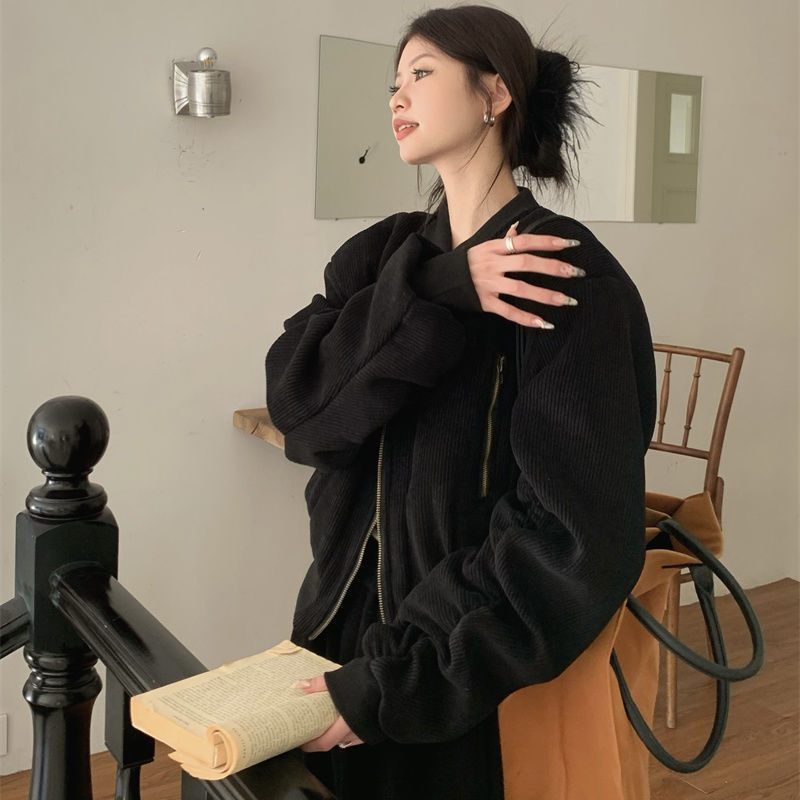 灯芯绒夹棉加厚棒球服外套女秋冬新款设计感立领拉链夹克棉服上衣|undefined