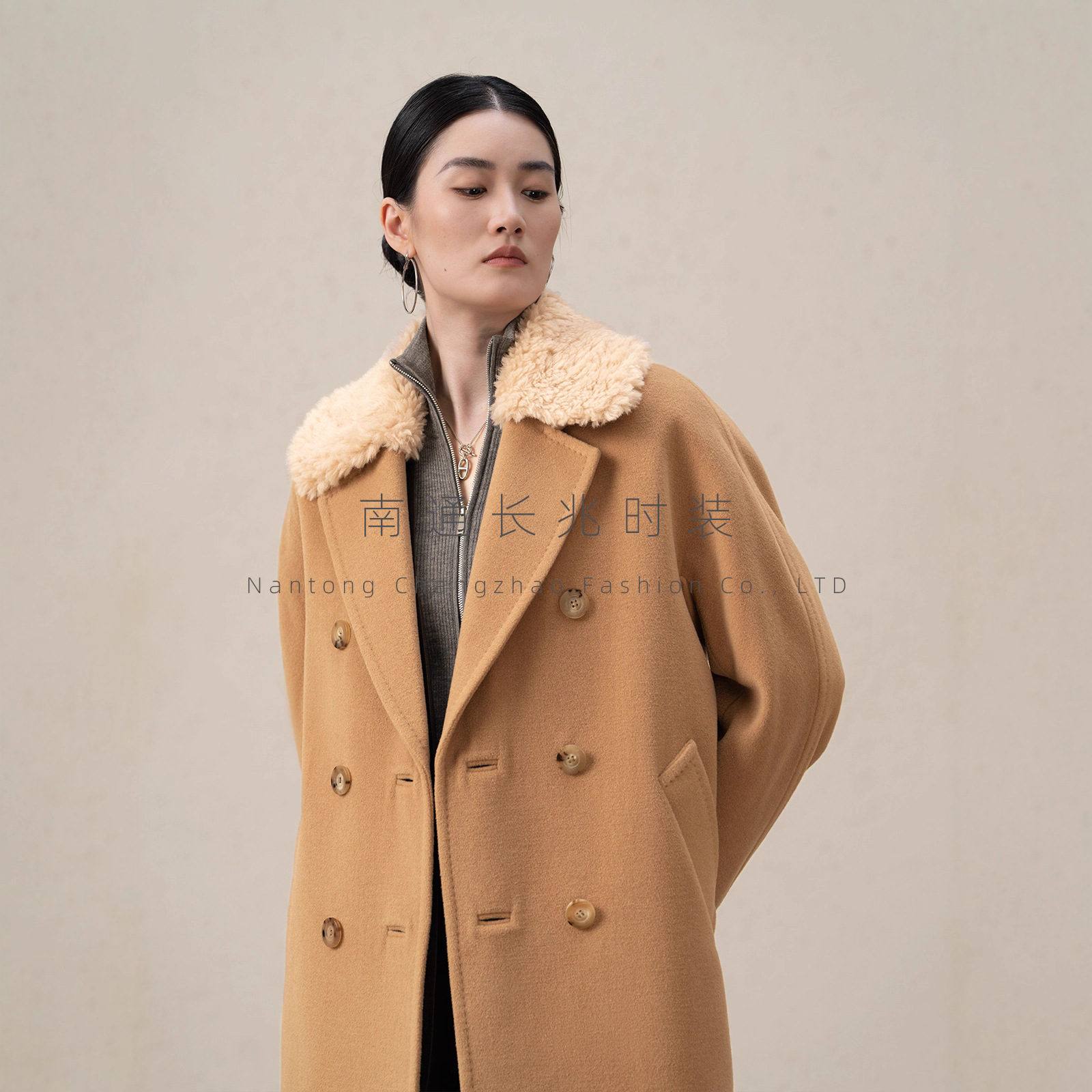 Customized~M's Double-Breasted Cashmere Long Fur Collar Coat for Women~Iodine Version Autumn and Winter Cocoon-Shaped Jacket High Luxury