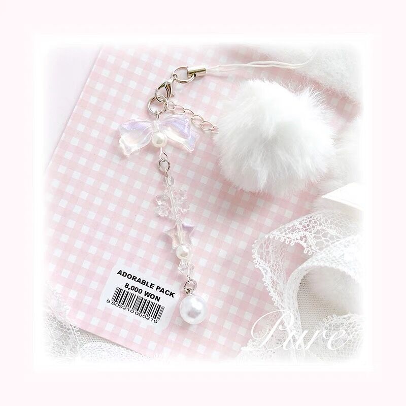 [White fur ball pure series] snowflake cute girl heart beaded mobile phone chain decorative mobile phone pendant hanging chain
