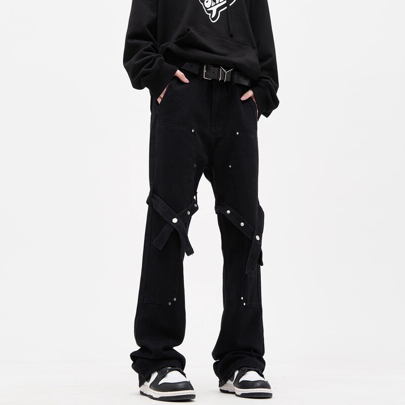 High Street Lace-Up Design Flared Straight-Leg Jeans for Men, Summer New Loose Trendy Casual Cargo Pants