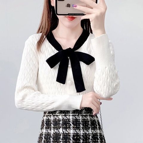 新款蝴蝶毛衣时尚套装结小个子小香秋冬风显瘦针织格子半身裙上衣|undefined