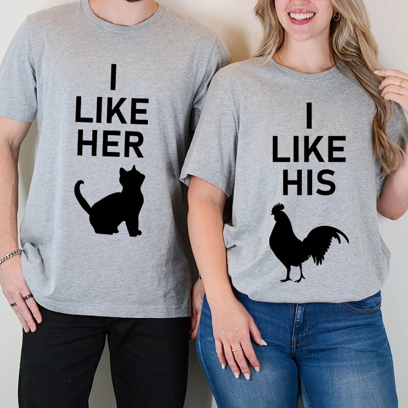 I Like His Chicken, I Like Her Cat Print T-Shirt Matching Set, O-Neck Short-Sleeve T-Shirt for Boyfriend and Girlfriend I Like His Chicken, I Like Her Cat Print T-Shirt Matching Set, O-Neck Short-Sleeve T-Shirt for Boyfriend and Girlfriend