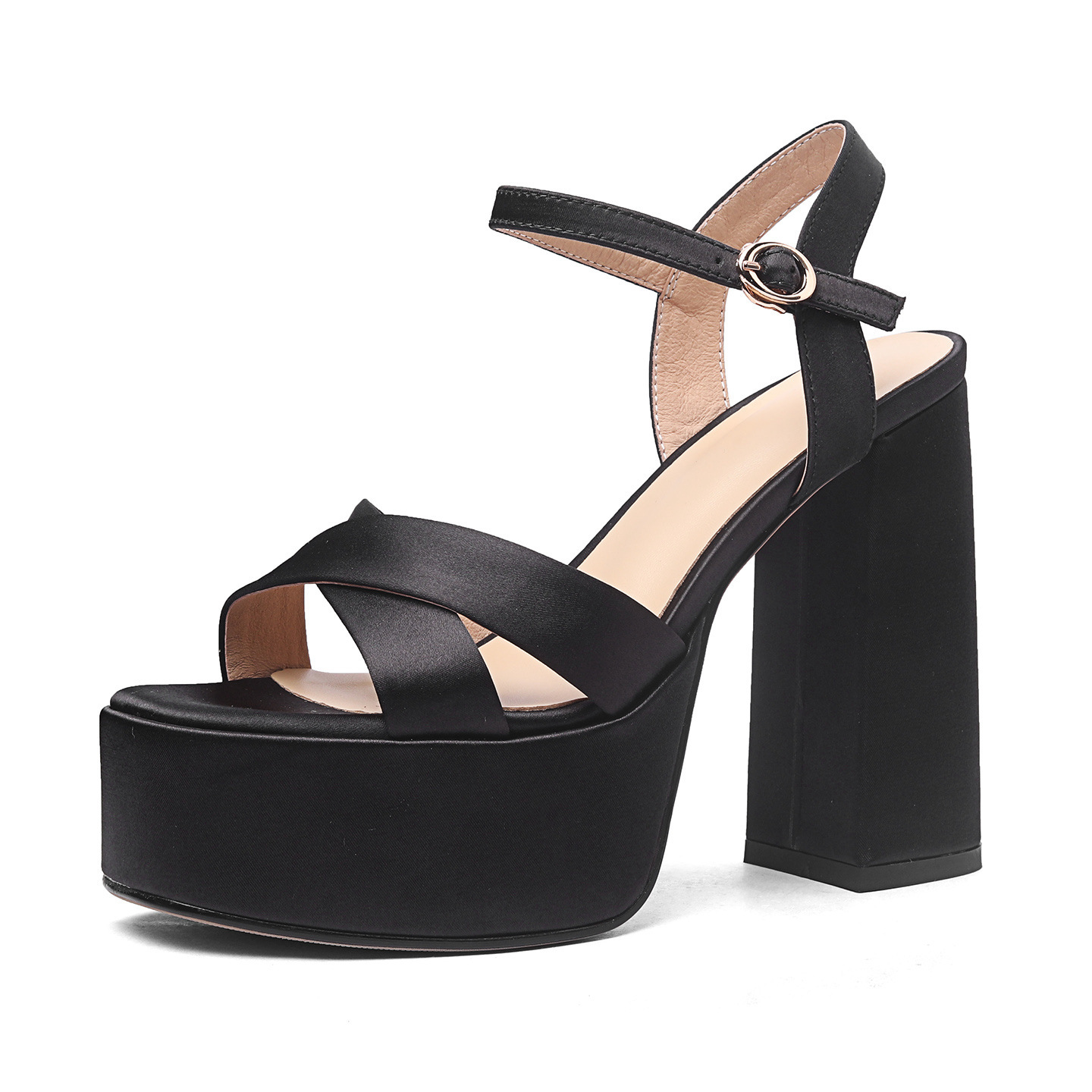 Sandal cao gót nữ hở mũi quai ngang khóa, gót dày 12 cm, phong cách Âu Mỹ — đen chi tiết 9
