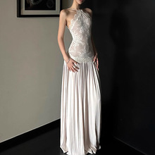 2025新款蕾丝拼接吊带连衣裙女夏气质名媛高级感收腰露背无袖长裙