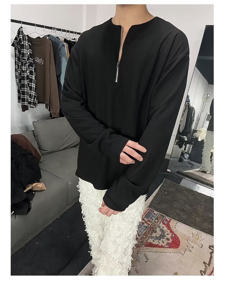 Sweat à capuche zippé en coton gaufré pour homme coupe large_voghion.com