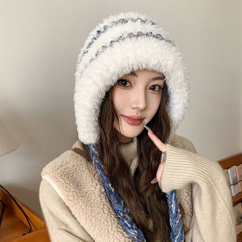女性用の冬用暖かい耳保護カラーロープぬいぐるみ帽子、多用途の防風ニットウール帽子、ベルベットの厚みのあるサイクリングプルオーバー帽子|undefined