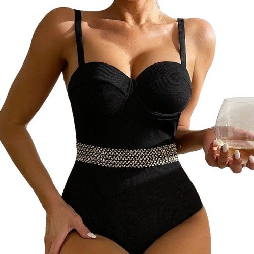 Elegant European and American luxury gold-edged one-piece swimsuit with adjustable shoulder straps, sexy women's hot spring swimsuit