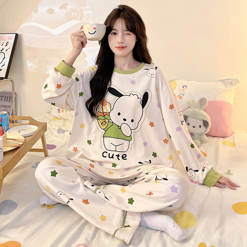 CARTO 카드 PIBALA COTTON PAJAMAS 여성의 가을 크루 넥 긴팔 바지 귀여운 패린 자식 홈 의류 세트