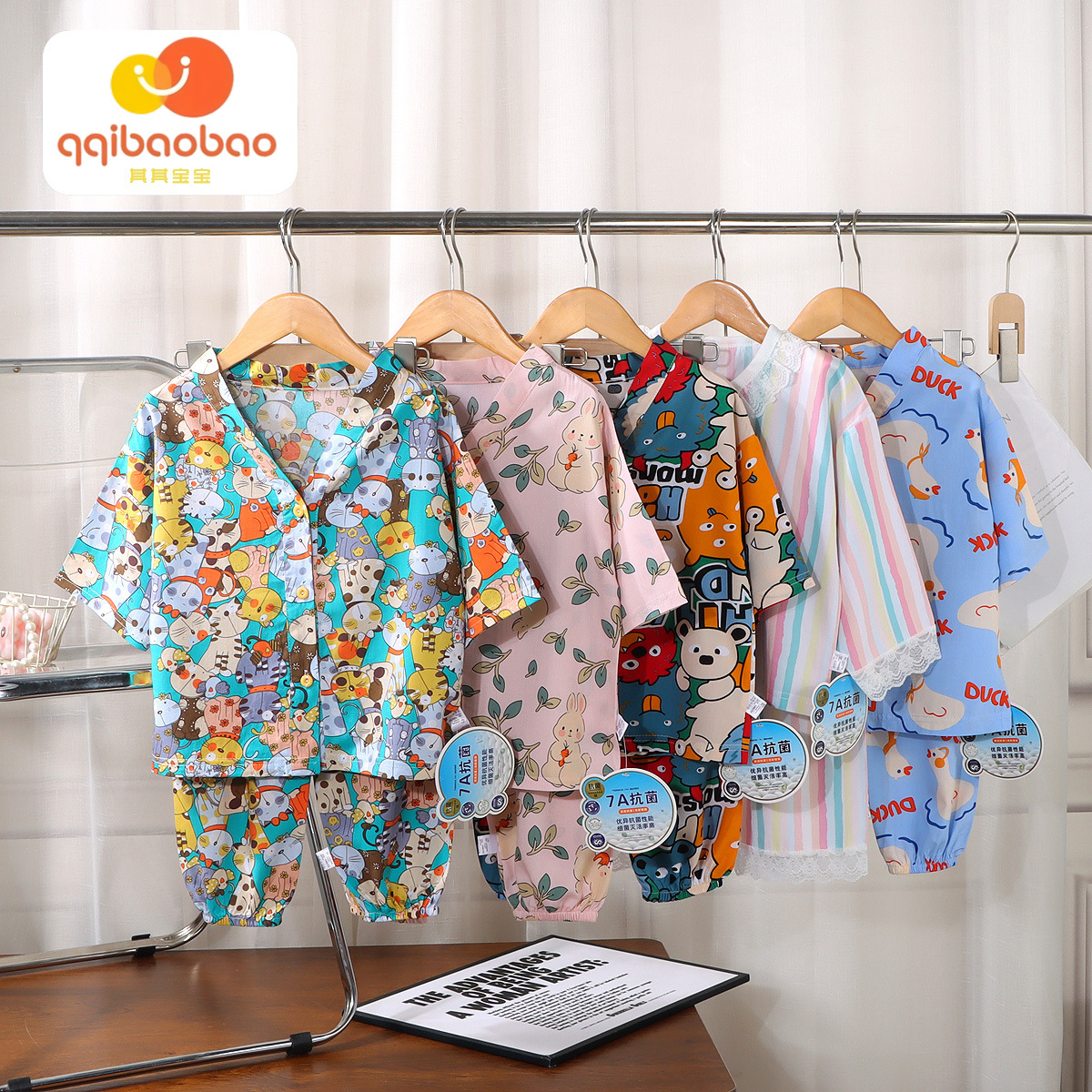 Niñas verano manga tres cuartos pijamas de seda de algodón de dibujos animados niños y niñas con aire acondicionado traje de servicio a domicilio bebé chaqueta fina verano