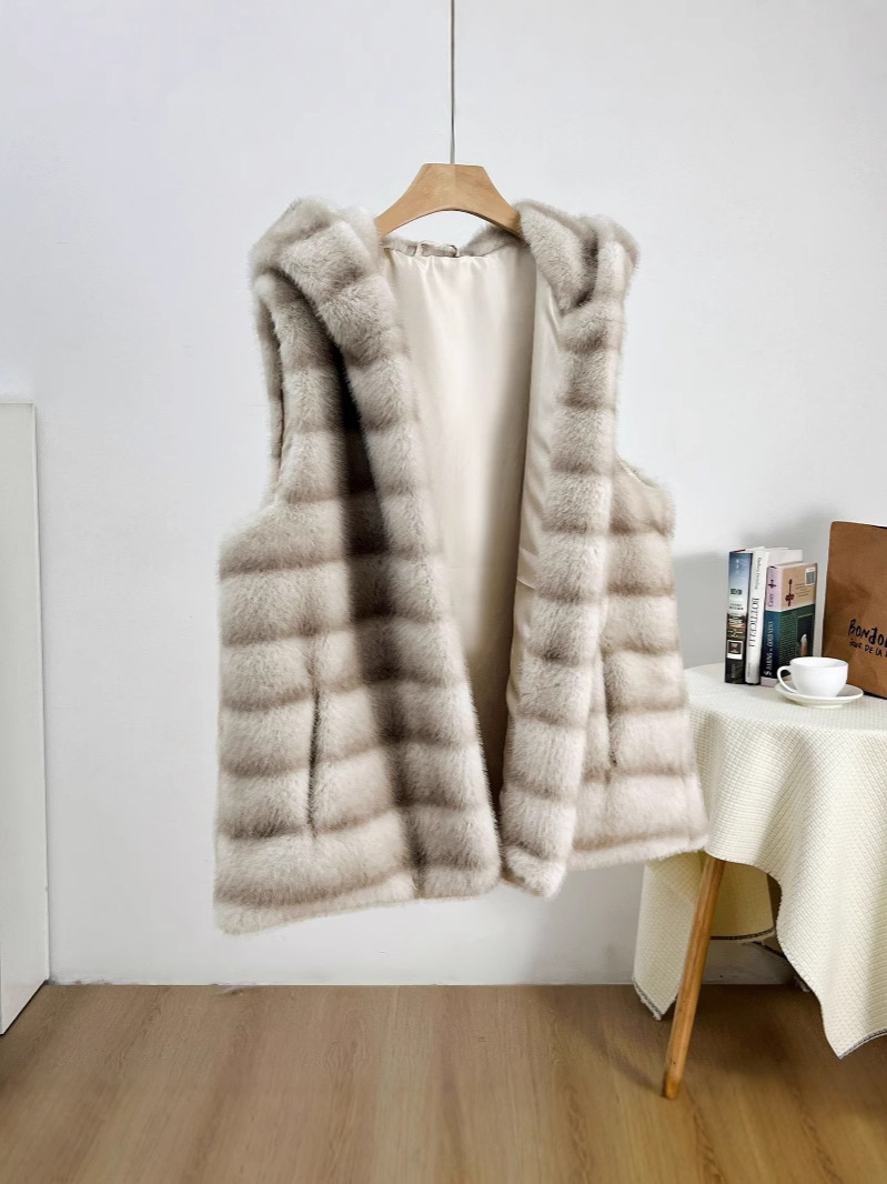 Aliexpress nuevo cinturón de comercio exterior chaleco chaqueta de rayas horizontales de visón chaqueta con capuzas estilo corto delgado