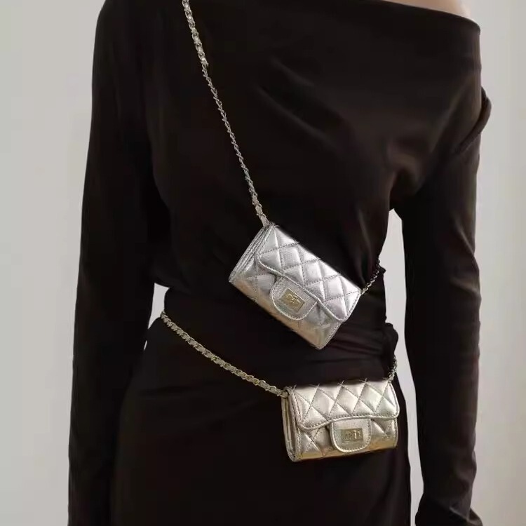 silver Small Waste Bag Mini Card Bag Coin Purse Mini Bag New Waist Bag Women's Chain Crossbody Bag