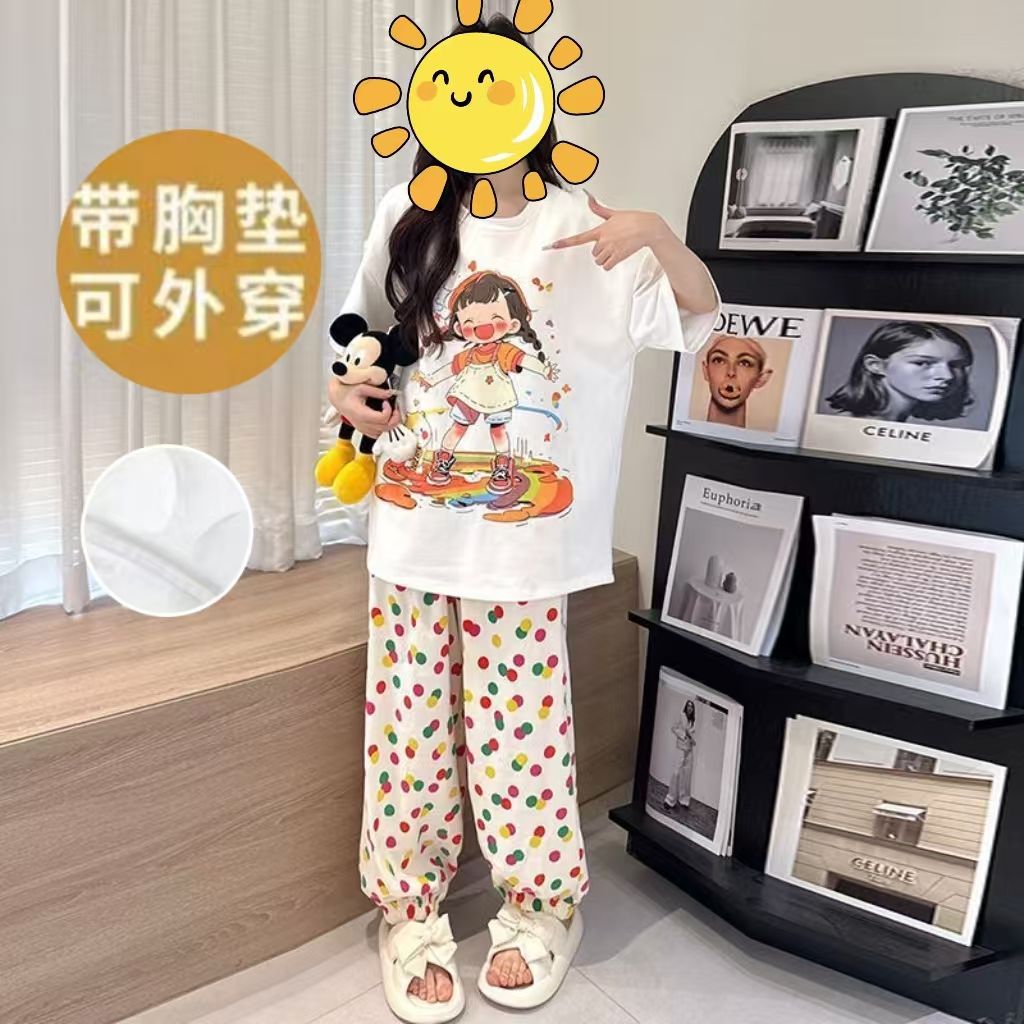 Estilo explosivo transfronterizo al por mayor pijamas con almohadillas para el pecho, pantalones de manga corta para mujer, pintura al óleo de verano, servicio a domicilio, traje de algodón de nube, uso externo