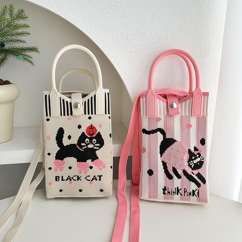 Cartoon tejido bolso para teléfonos móviles para mujeres 2025 nuevo estilo coreano de hombro único, bolso de viaje, bolso de cambio, bolso pequeño