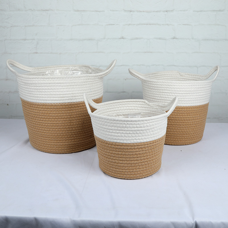 Cesta de almacenamiento de algodón transfronterizo Cesta de tejido gran decoración doméstica Cesta de almacenamiento de cuerda de algodón hecha a mano Cesta de cubierta de plantación verde Cesta de maceta