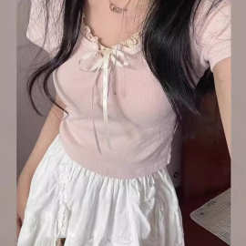 甜辣粉色辣妹短袖t恤女夏季2024新款设计感小众辣妹修身短款上衣
