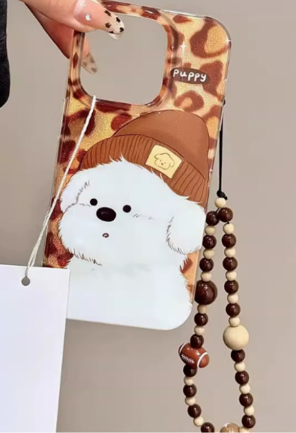 Lindo sombrero pequeño perro blanco iPhone16promax estampado de leopardo marrón Apple 15pro funda para teléfono 14/13 nuevo