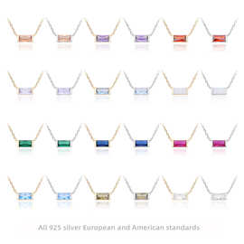 跨境新款s925纯银十二月生辰石锁骨项链简约高级时尚方形彩色锆石