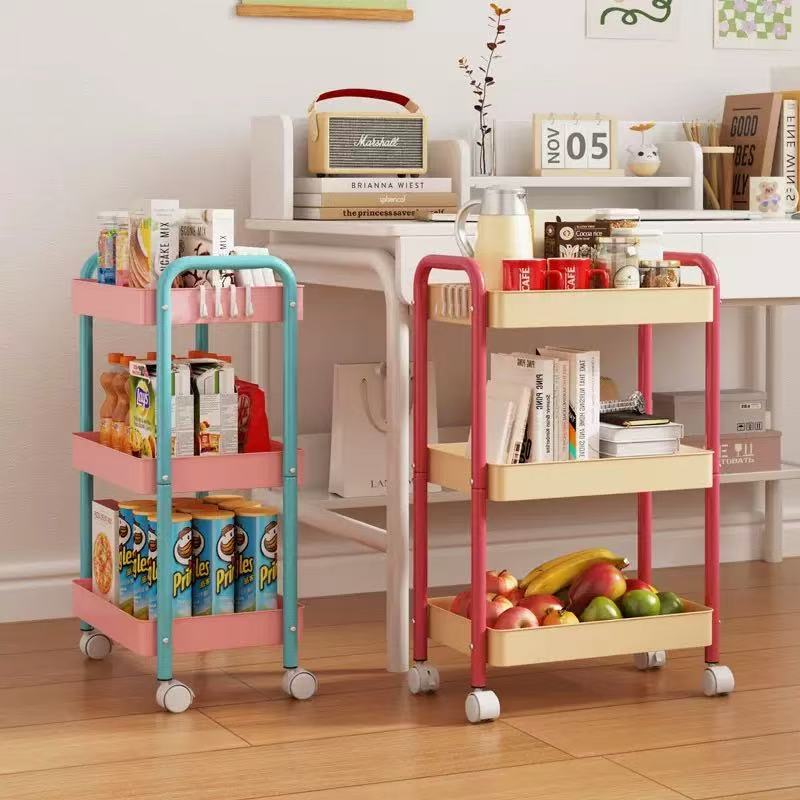 包邮拼色小推车儿童玩具收纳架厨房客厅落地多层可移动碳钢置物架