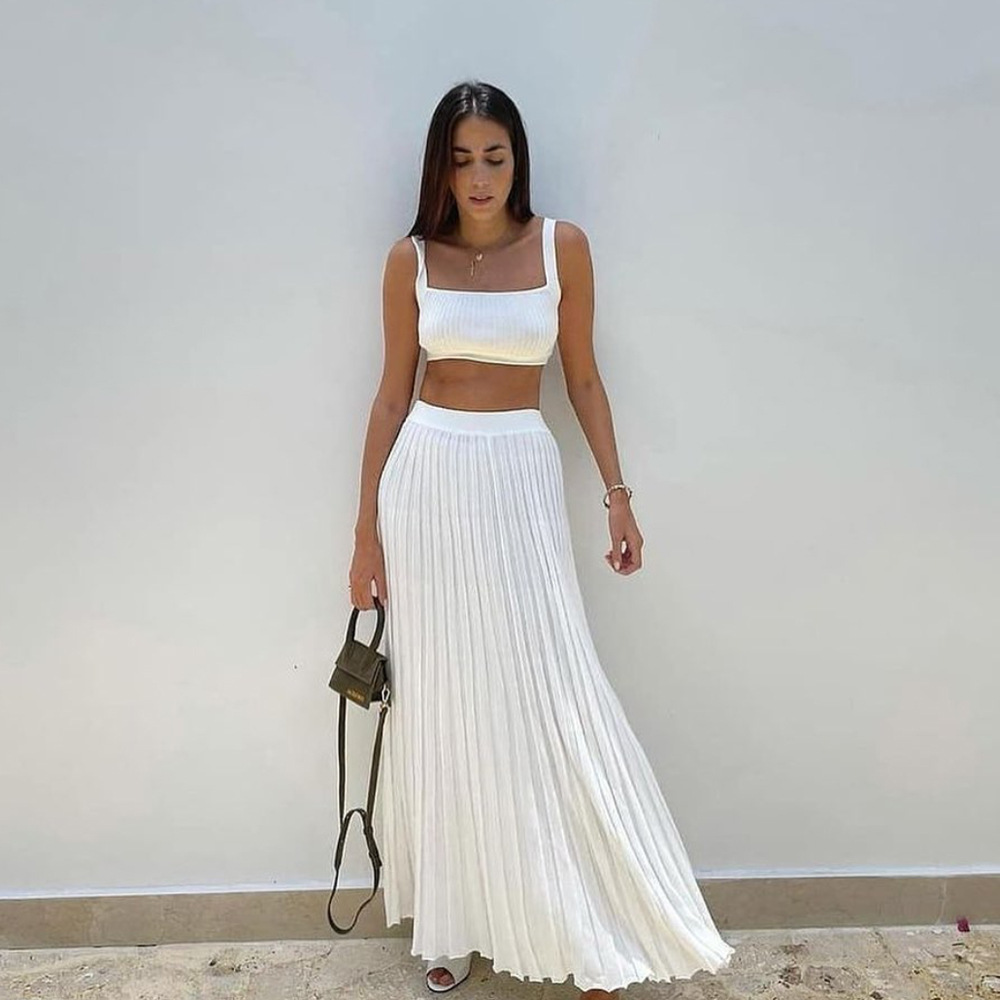 45g Weight Sleeveless Sleeve Length Polyester, Viscose fiber Fabric Type Skirt Co-ord Set Sets Type 2 Pieces Set Quantity Daily Occasion Strap Neckline Slim Fit Type Stripe Pattern Summer Season Women's Gender Elegant Style Daily Women's Elegant Stripe Polyester Viscose Fiber Skirt Co-ord Set Skirt Sets 3