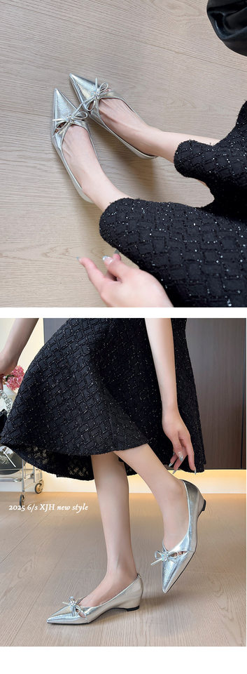 Giày búp bê nữ mũi nhọn đế bằng đính pha lê hoa nơ, độn cao bên trong — Màu bạc, Màu mơ, Màu trắng be chi tiết 13