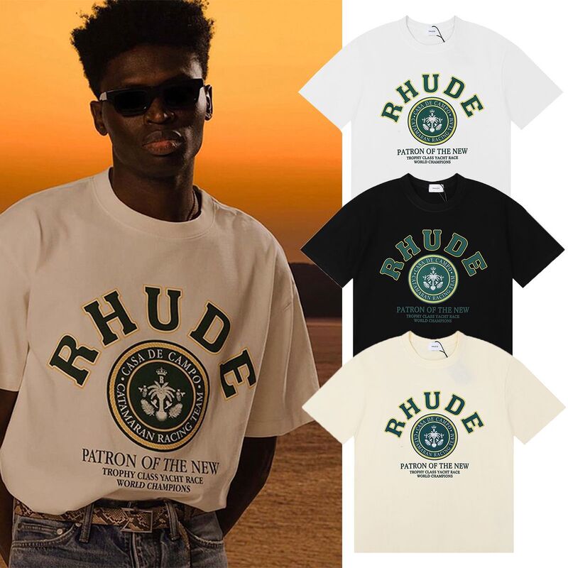 Foreign Trade Beauty Trend 2024 Spring and Summer New Rhude Versatile Green Letter Print Loose Casual Short-Sleeved T-Shirt for Men and Women