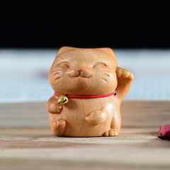 崖柏木雕鈴鐺貓咪擺飾實木雕刻工藝招財貓招手小貓送禮可愛擺件