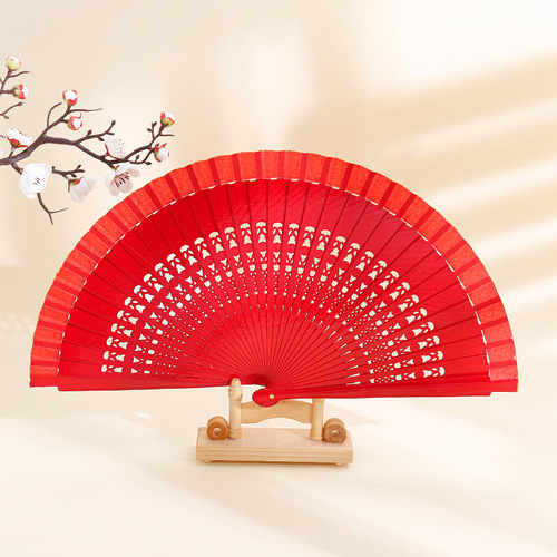 Cheongsam Fan Show Folding Hand Fan with Ancient Red Wooden Handle for Square Dance Performance, Smooth Opening and Closing Stage Fan, Wholesale