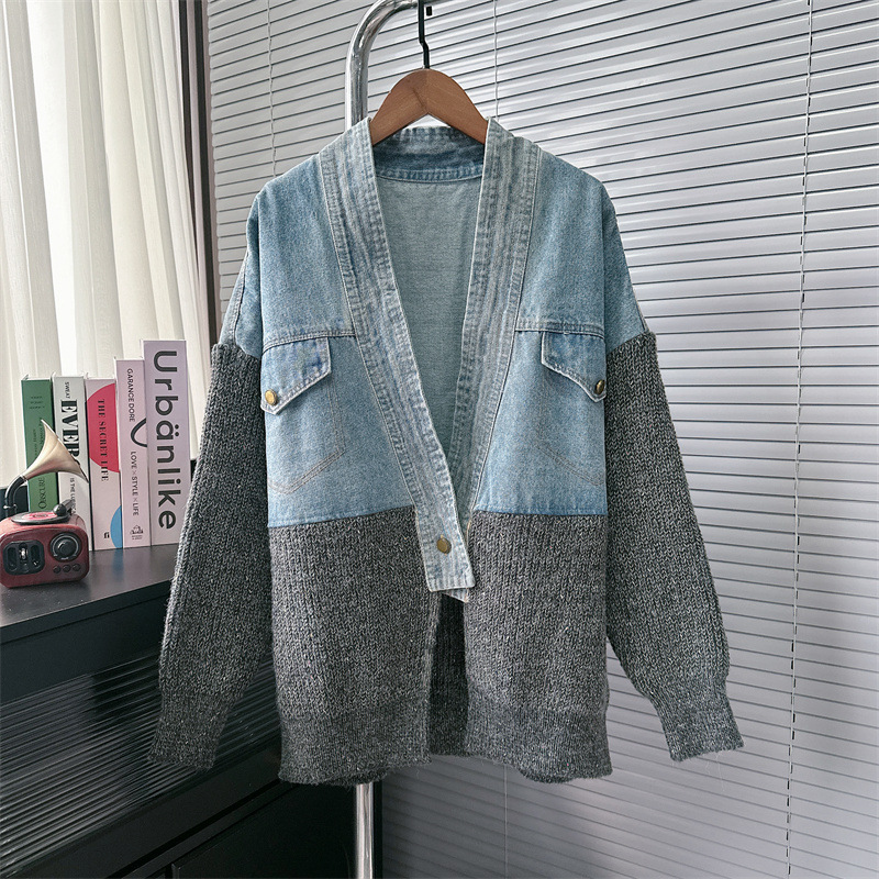Damenbekleidung Denim-Nähte Design Strickjacke Herbst und Winter neue koreanische Art und Weise lose Pulloverjacke_voghion.com