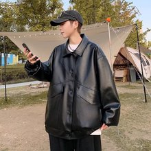 2023复古青年软皮衣男宽松韩版翻领机车服潮牌飞行员皮夹克外套潮