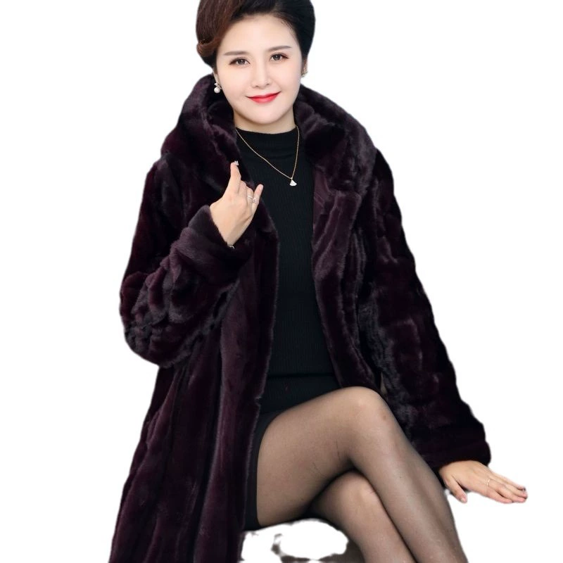 Haining mid-length mink coat for women, whole mink, middle-aged and elderly mothers, thickened mink imitation fur coat, light luxury socialites