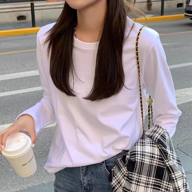 300g Heavyweight Pure Cotton Round Neck Long-Sleeved T-Shirt for Women, Loose and Slimming, White Inner Layering Shirt, Spring, Autumn and Winter Tops 300g Heavyweight Pure Cotton Round Neck Long-Sleeved T-Shirt for Women, Loose and Slimming, White Inner Layering Shirt, Spring, Autumn and Winter Tops