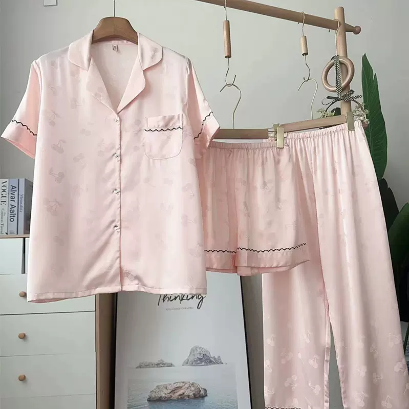 春秋季短袖长裤冰丝睡衣女可爱小樱桃提花纯色网红可外穿家居服夏