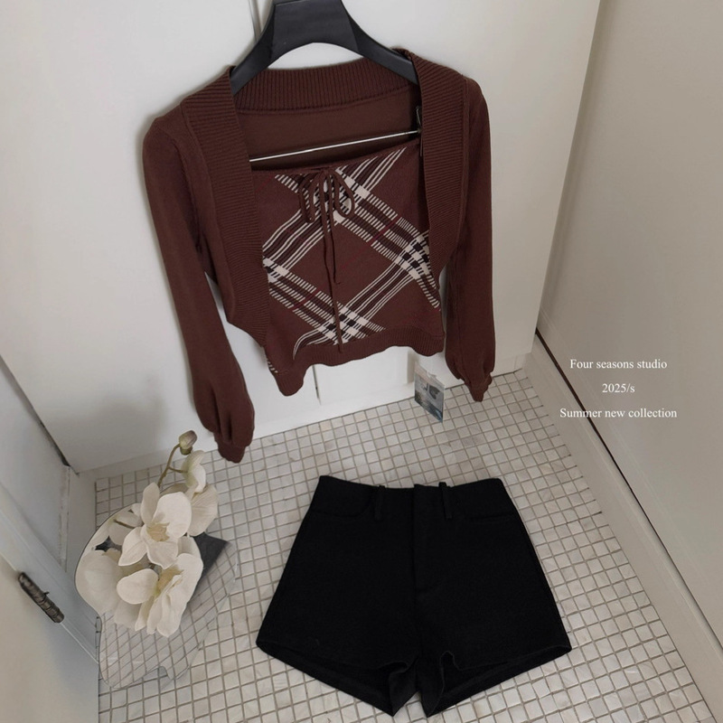 S9394复古昭和”纯棉针织巧克力格纹抹胸+开衫两件套上衣外套|undefined