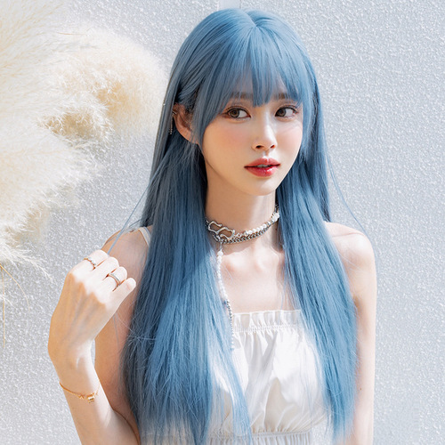 Wig female long straight hair cartoon white fish blue full headgear with bangs Internet celebrity natural simulation hair cover wholesale