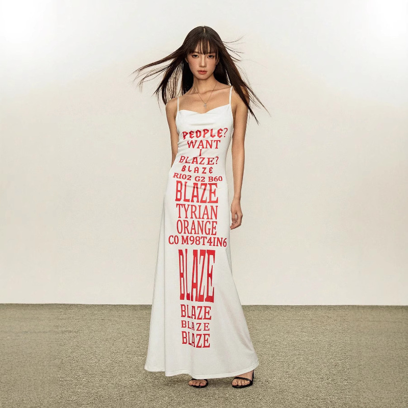2025 European and American Fashion New Style Suspender Letter Print Slim Long Dress Sexy Floor-Length Skirt