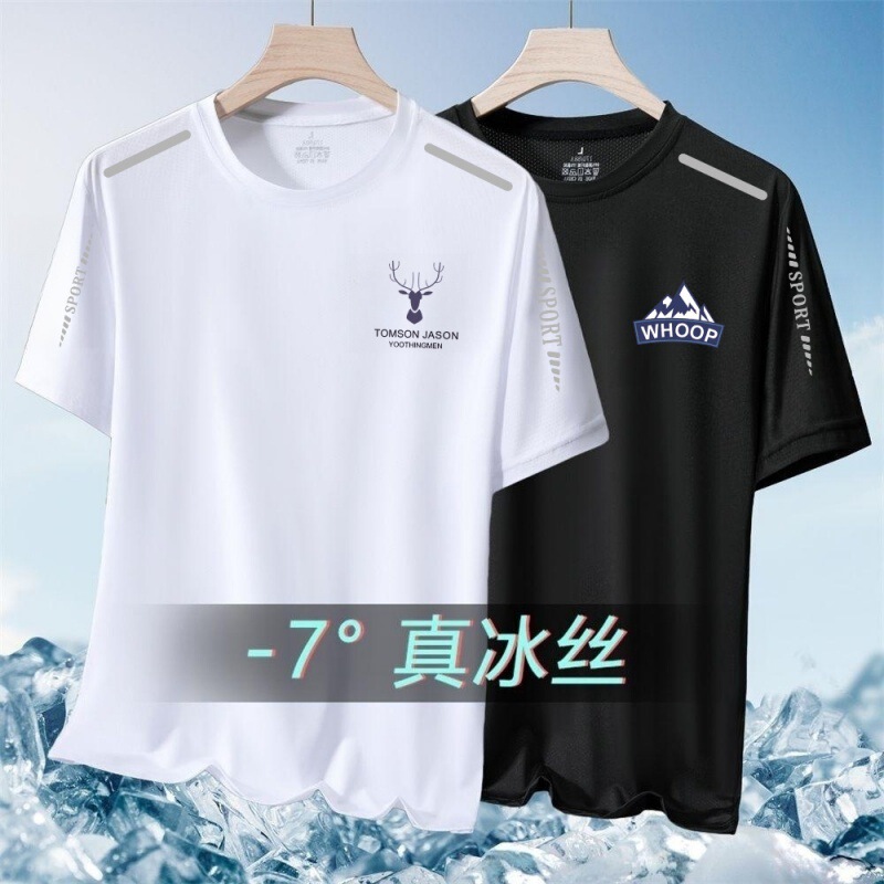 New Summer Mesh Ice Silk T-shirt Men's Round Neck Quick-drying Clothes Casual Short-sleeved Fashionable Printed Breathable plus size Sports