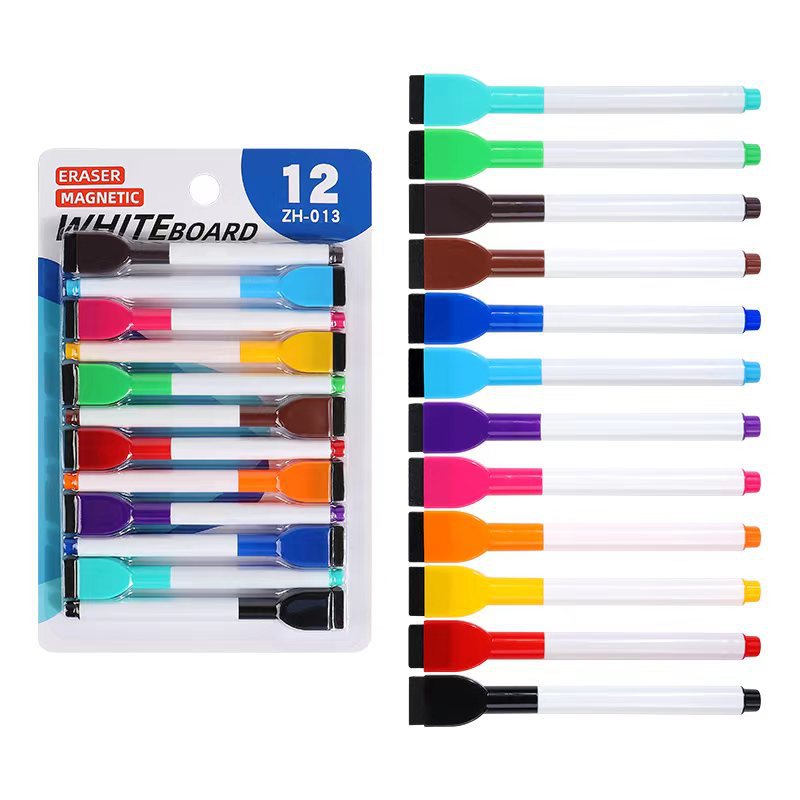 Bolígrafo de pizarra al por mayor con cepillo magnético de oficina con 12 colores de gran capacidad limpiable y ecológico no tóxico