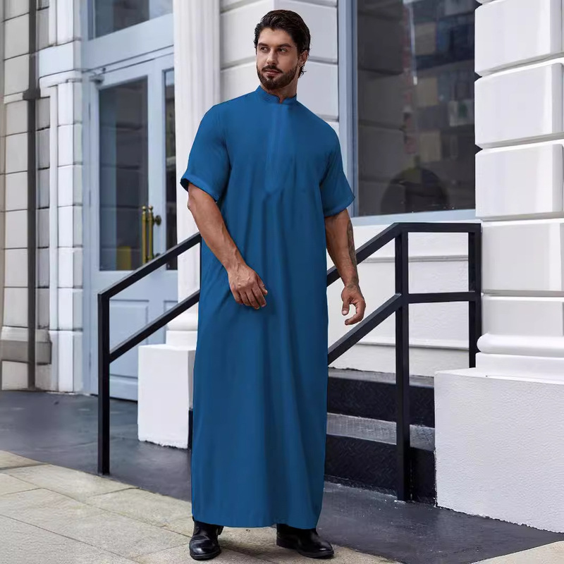 Turkish Men's Loose-Fitting Zip-Up Short-Sleeve Shirt Men's Thobe 181-20