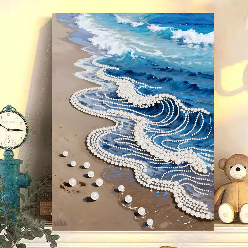 44c blue beach / Comes with glue [30* 40cm nailed solid wood inner frame] + pearls + dotting pen + diamond plate + jelly glue