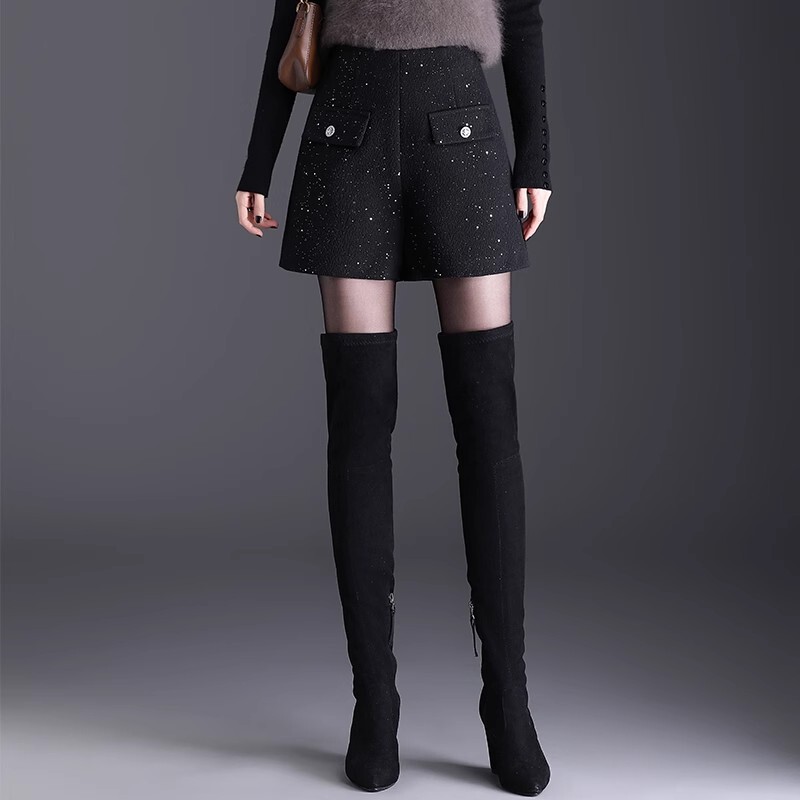 Tweed Shorts 2024 Shiny Chanel-Style Wide-Leg Pants Wool Casual Pants Women's High-Waisted Slimming Winter Elegant