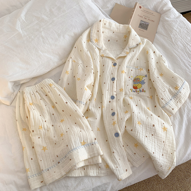Pajamas Pure Cotton Women's Summer 100% Cotton Double-Layer Cotton Gauze Short-Sleeved Shorts Summer Cute Girl Home Clothes Set Wholesale Pajamas Pure Cotton Women's Summer 100% Cotton Double-Layer Cotton Gauze Short-Sleeved Shorts Summer Cute Girl Home Clothes Set Wholesale